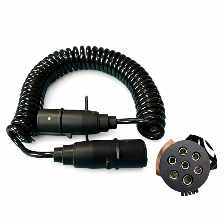 Seven-core coiled trailer cable with connectors